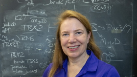 Judy Davie in front of formula in her lab