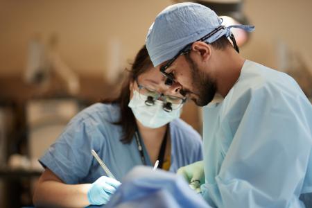 Dr. Zhang supervises residents in the Surgical Skills Lab