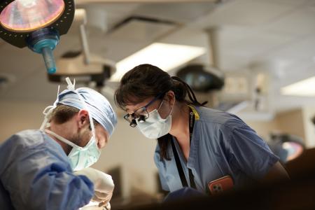 Dr. Zhang supervises residents in the Surgical Skills Lab