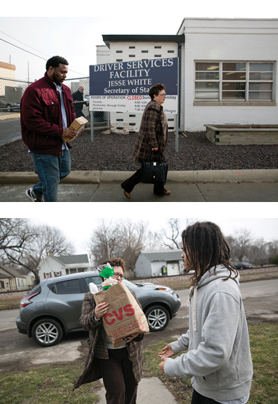 Weatherholt takes a client to the Secretary of State’s licensing bureau and delivers groceries she picked up earlier to another client.